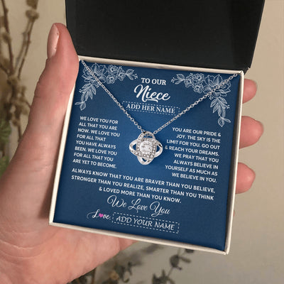 Love Knot Necklace 14K White Gold Finish | 2 | Personalized To Our Niece Gifts From Aunt Uncle Necklace We Love You Jewelry Present Gift Niece Birthday Graduation Christmas Custom Gift Box Message Card | https://siriusteestore.