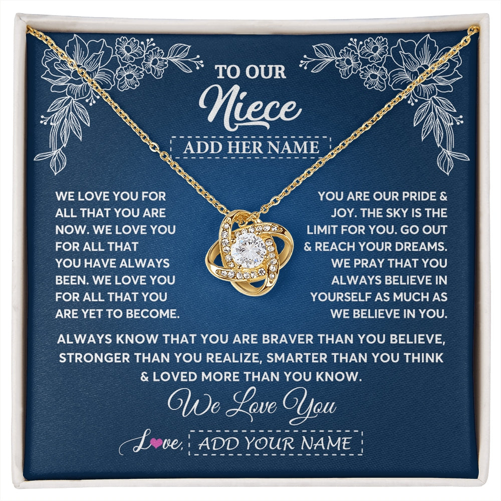 Love Knot Necklace 18K Yellow Gold Finish | 1 | Personalized To Our Niece Gifts From Aunt Uncle Necklace We Love You Jewelry Present Gift Niece Birthday Graduation Christmas Custom Gift Box Message Card | https://siriusteestore.
