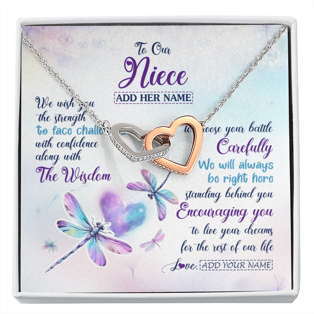 Interlocking Hearts Necklace Stainless Steel & Rose Gold Finish | 1 | Personalized To Our Niece Gifts Necklace From Aunt Uncle Always Be Right Here Dragonfly Birthday For Niece Christmas Custom Jewelry Gift Box Message Card | https://siriusteestore.