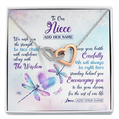 Interlocking Hearts Necklace Stainless Steel & Rose Gold Finish | 1 | Personalized To Our Niece Gifts Necklace From Aunt Uncle Always Be Right Here Dragonfly Birthday For Niece Christmas Custom Jewelry Gift Box Message Card | https://siriusteestore.