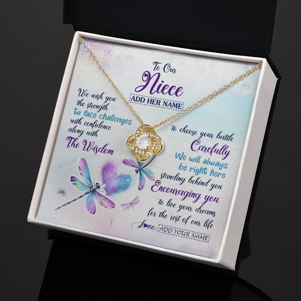 Love Knot Necklace 18K Yellow Gold Finish | 2 | Personalized To Our Niece Gifts Necklace From Aunt Uncle Always Be Right Here Dragonfly Birthday For Niece Christmas Custom Jewelry Gift Box Message Card | https://siriusteestore.