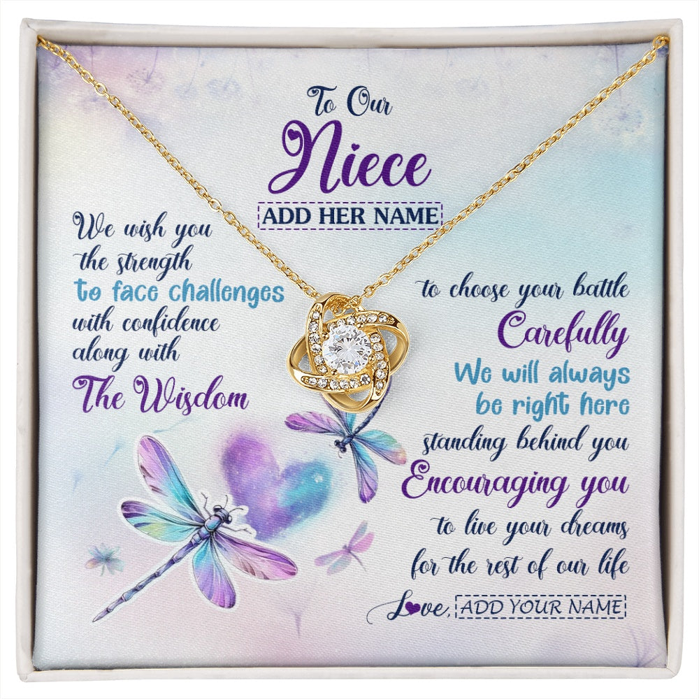 Love Knot Necklace 18K Yellow Gold Finish | 1 | Personalized To Our Niece Gifts Necklace From Aunt Uncle Always Be Right Here Dragonfly Birthday For Niece Christmas Custom Jewelry Gift Box Message Card | https://siriusteestore.