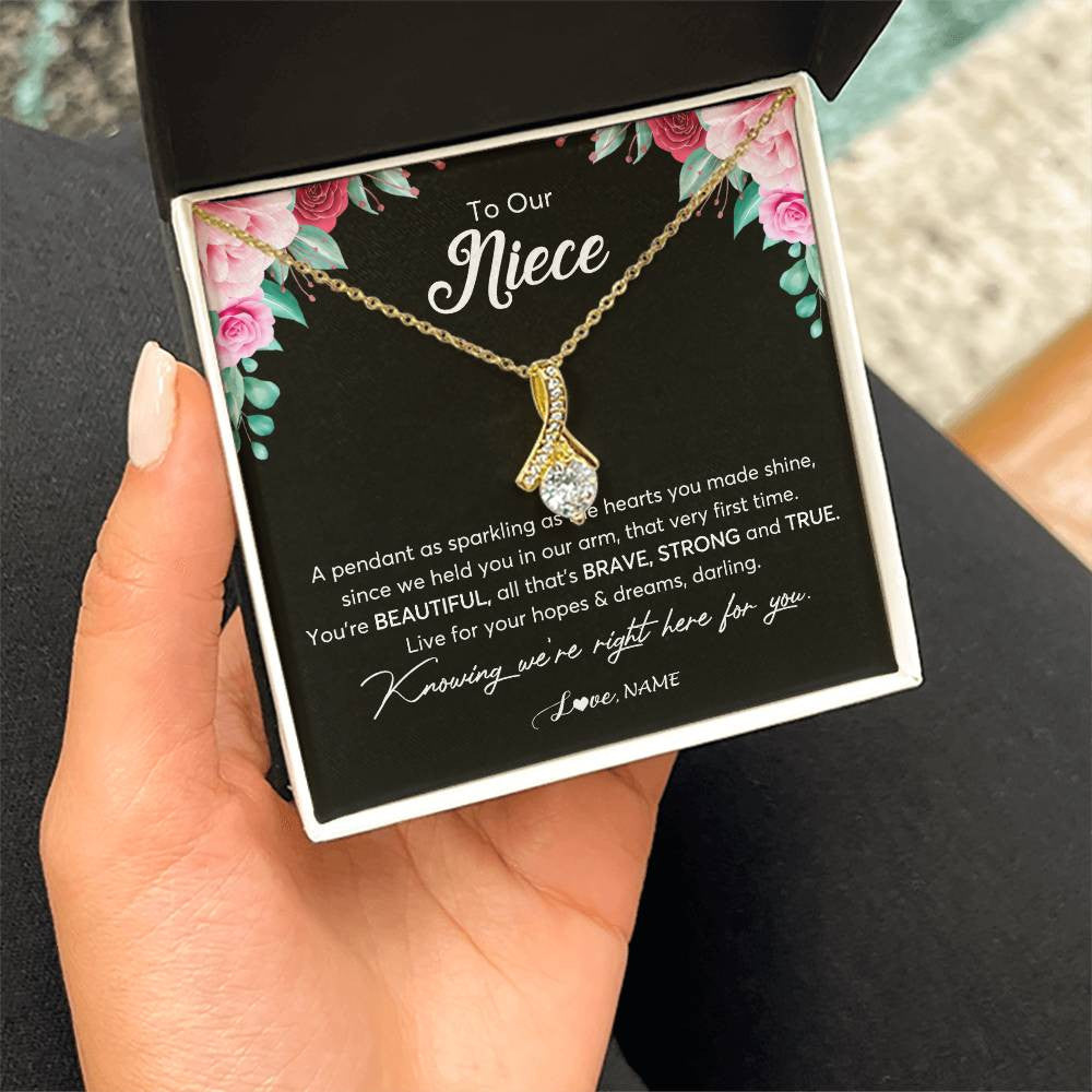 Alluring Beauty Necklace 18K Yellow Gold Finish | Personalized To Our Niece Necklace From Aunt Uncle You're Beautiful Niece Jewelry Pendant Birthday Graduation Christmas Customized Gift Box Message Card | siriusteestore