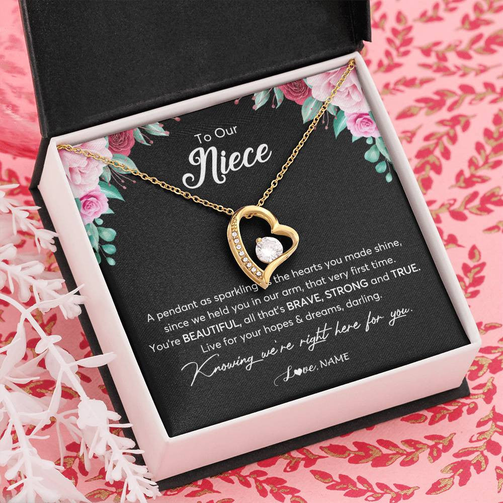 Forever Love Necklace 18K Yellow Gold Finish | Personalized To Our Niece Necklace From Aunt Uncle You're Beautiful Niece Jewelry Pendant Birthday Graduation Christmas Customized Gift Box Message Card | siriusteestore