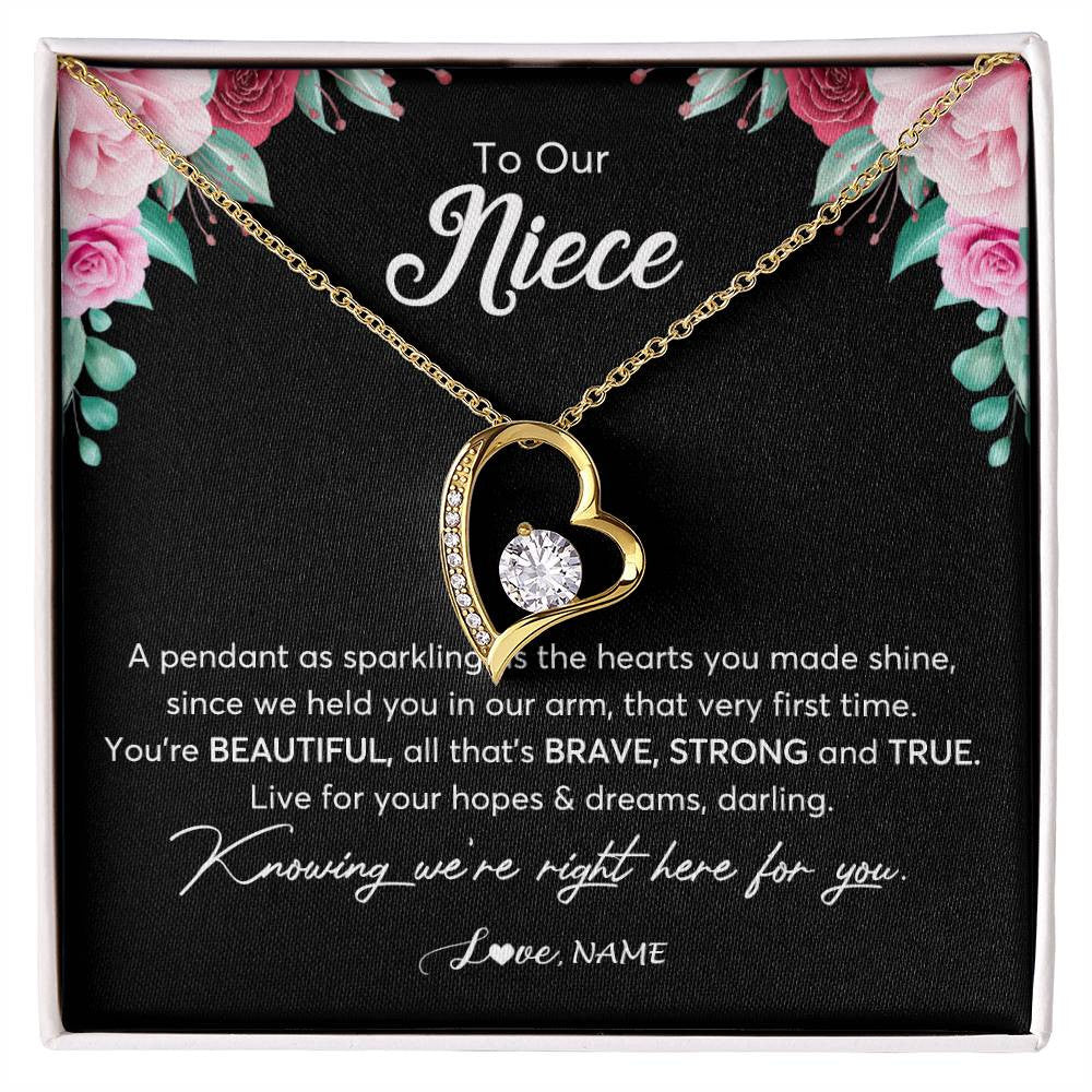 Forever Love Necklace 18K Yellow Gold Finish | Personalized To Our Niece Necklace From Aunt Uncle You're Beautiful Niece Jewelry Pendant Birthday Graduation Christmas Customized Gift Box Message Card | siriusteestore