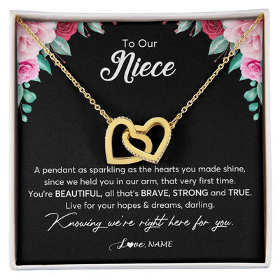 Interlocking Hearts Necklace 18K Yellow Gold Finish | Personalized To Our Niece Necklace From Aunt Uncle You're Beautiful Niece Jewelry Pendant Birthday Graduation Christmas Customized Gift Box Message Card | siriusteestore