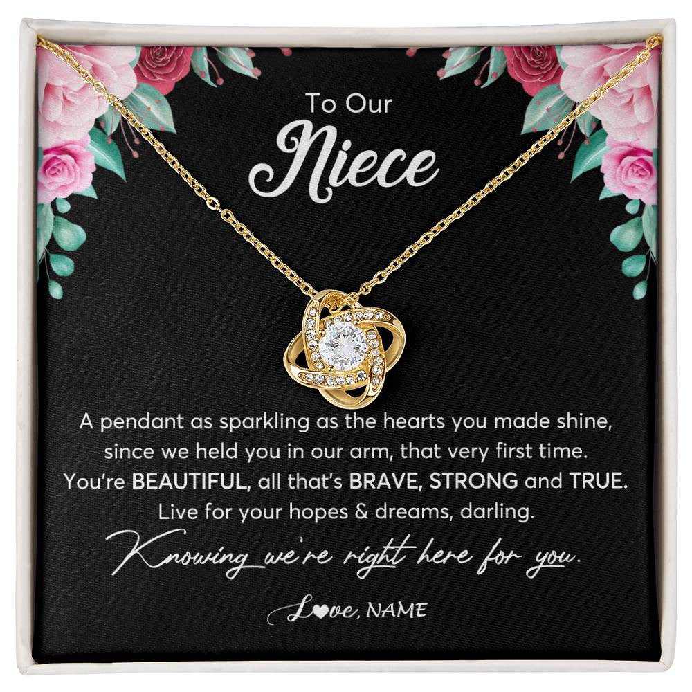 Love Knot Necklace 18K Yellow Gold Finish | Personalized To Our Niece Necklace From Aunt Uncle You're Beautiful Niece Jewelry Pendant Birthday Graduation Christmas Customized Gift Box Message Card | siriusteestore