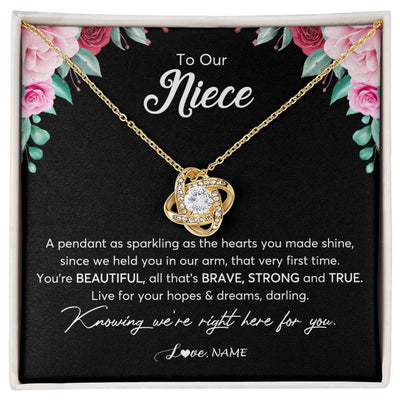 Love Knot Necklace 18K Yellow Gold Finish | Personalized To Our Niece Necklace From Aunt Uncle You're Beautiful Niece Jewelry Pendant Birthday Graduation Christmas Customized Gift Box Message Card | siriusteestore