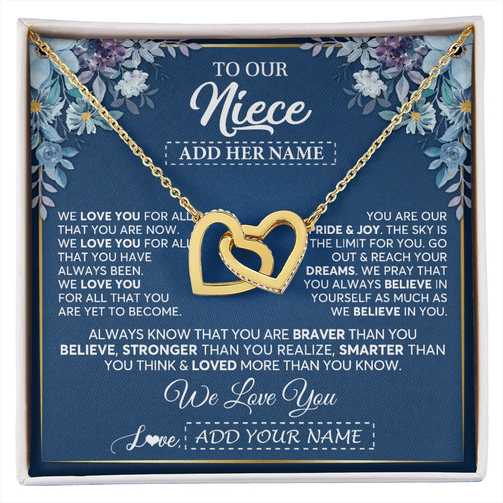 Interlocking Hearts Necklace 18K Yellow Gold Finish | 1 | Personalized To Our Niece Necklace Gift From Uncle Aunt We Love You Niece Birthday Gift Graduation Christmas Pendant Custom Gift Box Message Card | siriusteestore.myshopify
