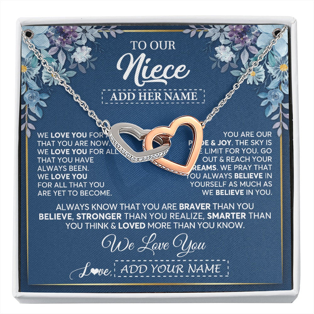 Interlocking Hearts Necklace Stainless Steel & Rose Gold Finish | 1 | Personalized To Our Niece Necklace Gift From Uncle Aunt We Love You Niece Birthday Gift Graduation Christmas Pendant Custom Gift Box Message Card | siriusteestore.myshopify