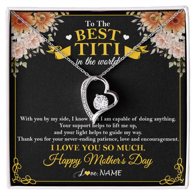 Forever Love Necklace | Personalized To The Best Titi In The World Necklace From Niece Nephew Thank You I Love You So Much Titi Happy Mothers Day Customized Gift Box Message Card | siriusteestore