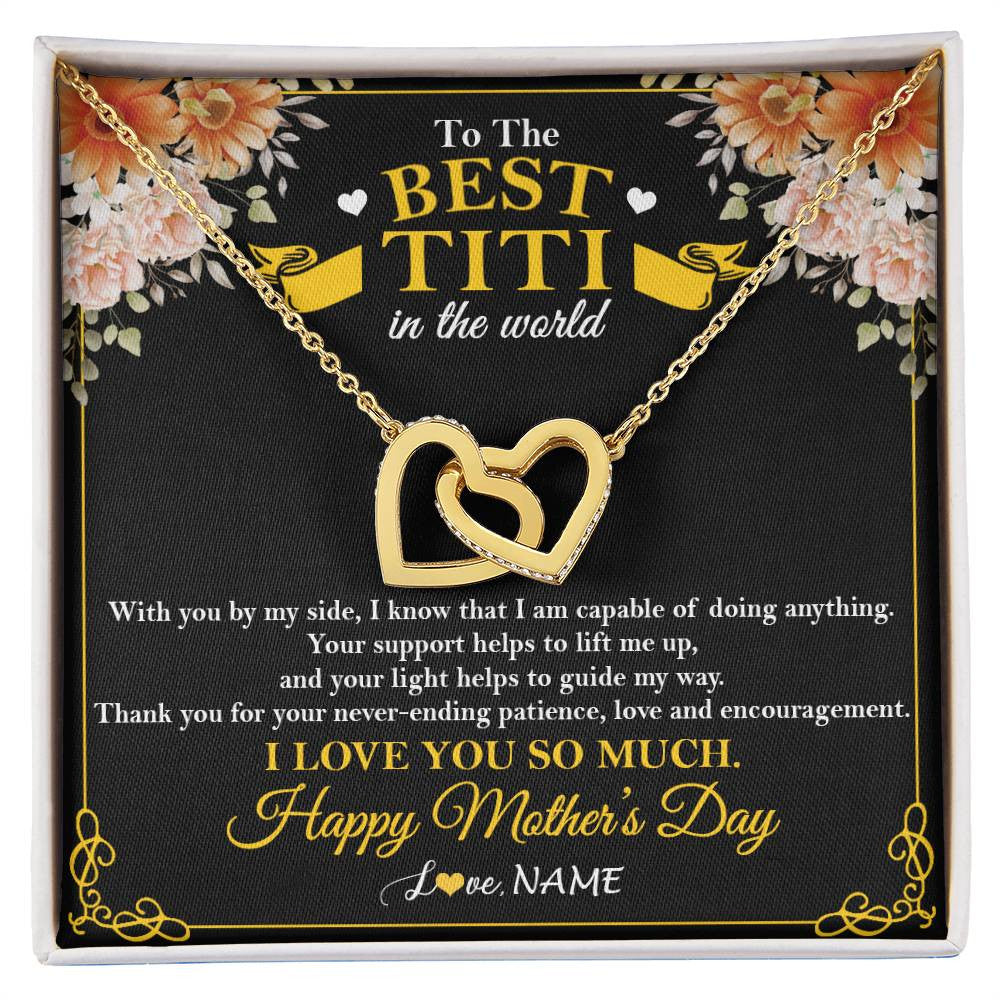 Interlocking Hearts Necklace 18K Yellow Gold Finish | 1 | Personalized To The Best Titi In The World Necklace From Niece Nephew Thank You I Love You So Much Titi Happy Mothers Day Customized Gift Box Message Card | siriusteestore