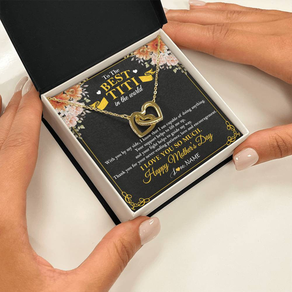Interlocking Hearts Necklace 18K Yellow Gold Finish | 2 | Personalized To The Best Titi In The World Necklace From Niece Nephew Thank You I Love You So Much Titi Happy Mothers Day Customized Gift Box Message Card | siriusteestore
