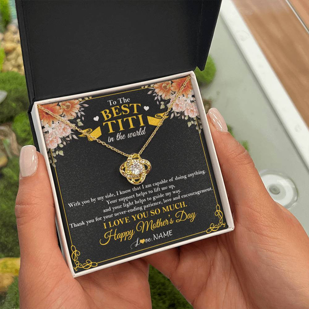 Love Knot Necklace 18K Yellow Gold Finish | 2 | Personalized To The Best Titi In The World Necklace From Niece Nephew Thank You I Love You So Much Titi Happy Mothers Day Customized Gift Box Message Card | siriusteestore