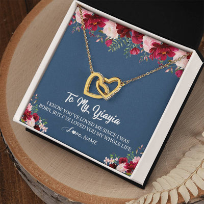 Interlocking Hearts Necklace 18K Yellow Gold Finish | Personalized Yiayia Necklace From Grandkids Granddaughter Grandson I've Loved You My Whole Life Floral Yiayia Birthday Mothers Day Christmas Customized Message Card | siriusteestore