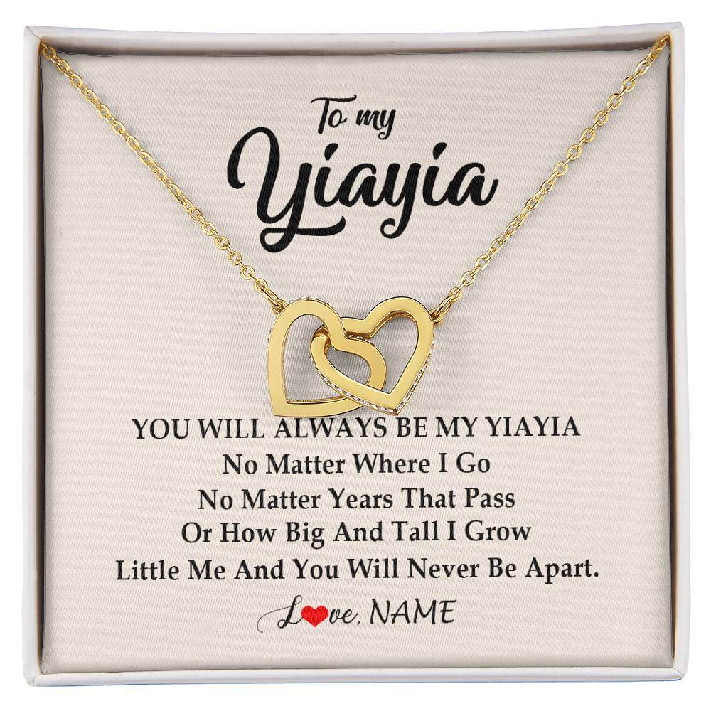 Interlocking Hearts Necklace 18K Yellow Gold Finish | Personalized Yiayia Necklace From Grandkids Granddaughter Grandson You Will Always Be My Yiayia Birthday Mothers Day Christmas Customized Gift Box Message Card | siriusteestore