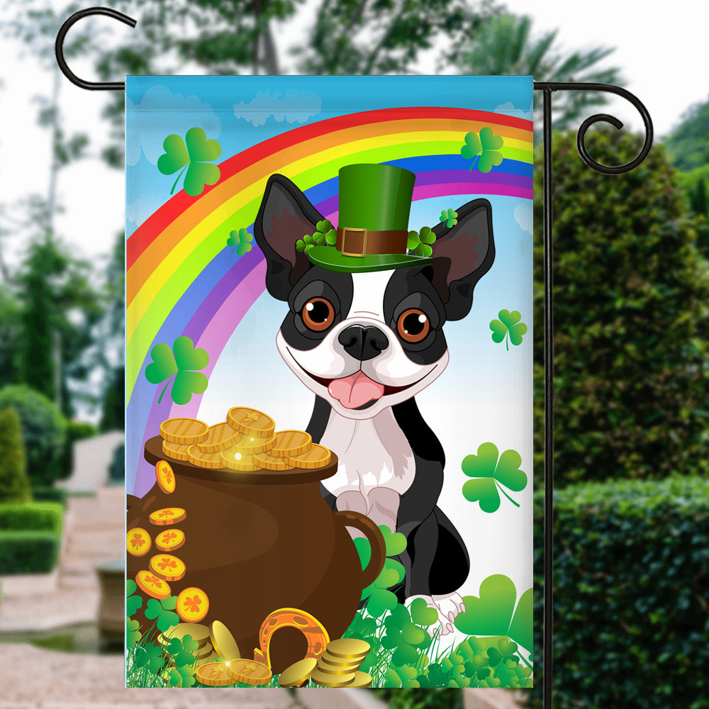 Boston Terrier St Patrick's Day Dog Flag Funny Peeking Dog Wear Green Hat Golden Pot Coin Shamrock Rainbow Spring Banner for Home Decor | siriusteestore