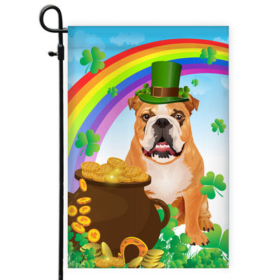 Bulldog St Patrick's Day Dog Flag Funny Peeking Dog Wear Green Hat Golden Pot Coin Shamrock Rainbow Spring Banner for Home Decor | siriusteestore