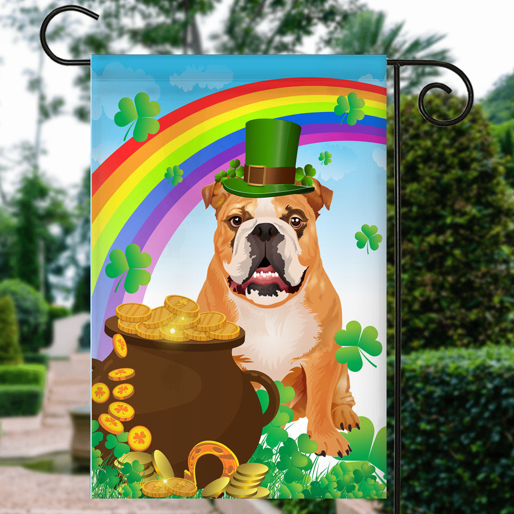 Bulldog St Patrick's Day Dog Flag Funny Peeking Dog Wear Green Hat Golden Pot Coin Shamrock Rainbow Spring Banner for Home Decor | siriusteestore