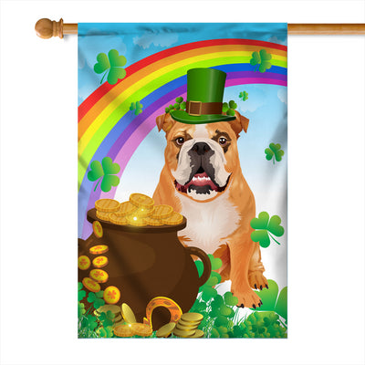 Bulldog St Patrick's Day Dog Flag Funny Peeking Dog Wear Green Hat Golden Pot Coin Shamrock Rainbow Spring Banner for Home Decor | siriusteestore