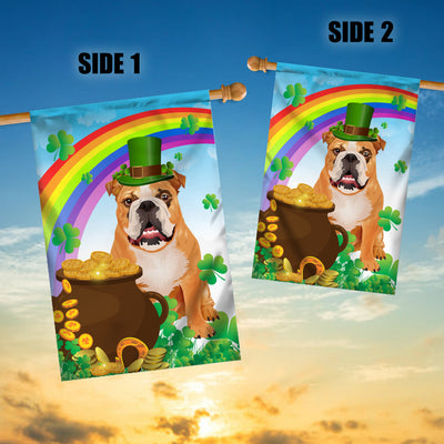 Bulldog St Patrick's Day Dog Flag Funny Peeking Dog Wear Green Hat Golden Pot Coin Shamrock Rainbow Spring Banner for Home Decor | siriusteestore