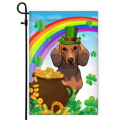 Dachshund St Patrick's Day Dog Flag Funny Peeking Dog Wear Green Hat Golden Pot Coin Shamrock Rainbow Spring Banner for Home Decor | siriusteestore