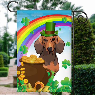 Dachshund St Patrick's Day Dog Flag Funny Peeking Dog Wear Green Hat Golden Pot Coin Shamrock Rainbow Spring Banner for Home Decor | siriusteestore