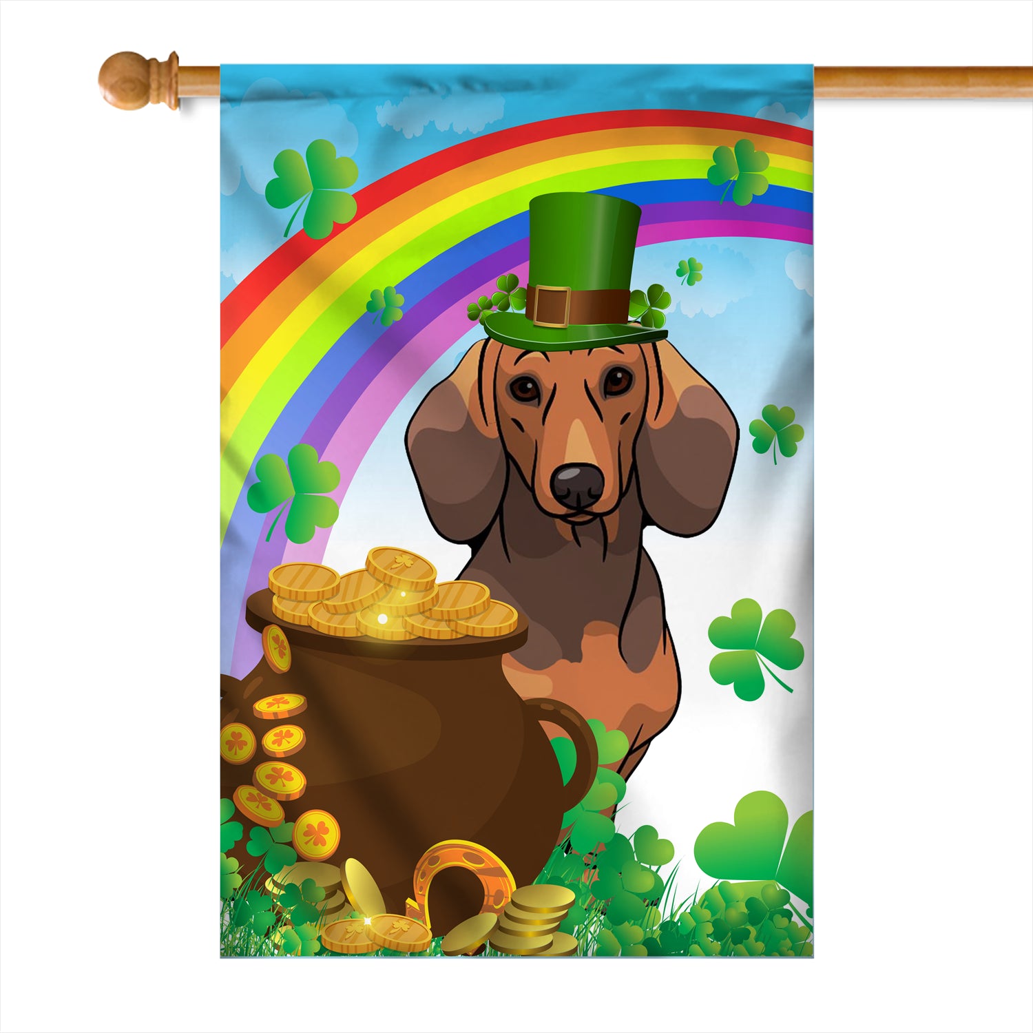 Dachshund St Patrick's Day Dog Flag Funny Peeking Dog Wear Green Hat Golden Pot Coin Shamrock Rainbow Spring Banner for Home Decor | siriusteestore