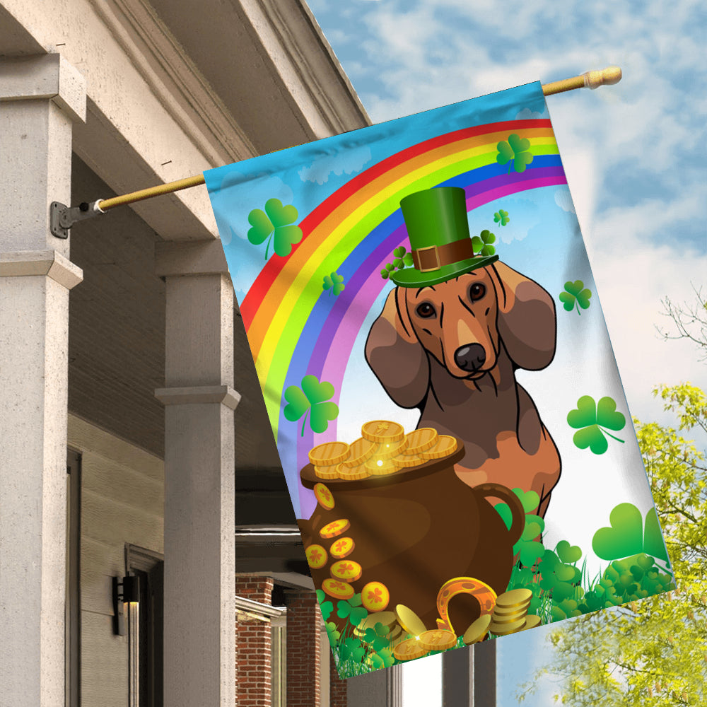 Dachshund St Patrick's Day Dog Flag Funny Peeking Dog Wear Green Hat Golden Pot Coin Shamrock Rainbow Spring Banner for Home Decor | siriusteestore