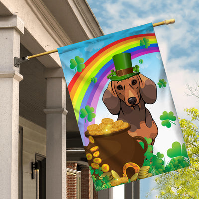 Dachshund St Patrick's Day Dog Flag Funny Peeking Dog Wear Green Hat Golden Pot Coin Shamrock Rainbow Spring Banner for Home Decor | siriusteestore