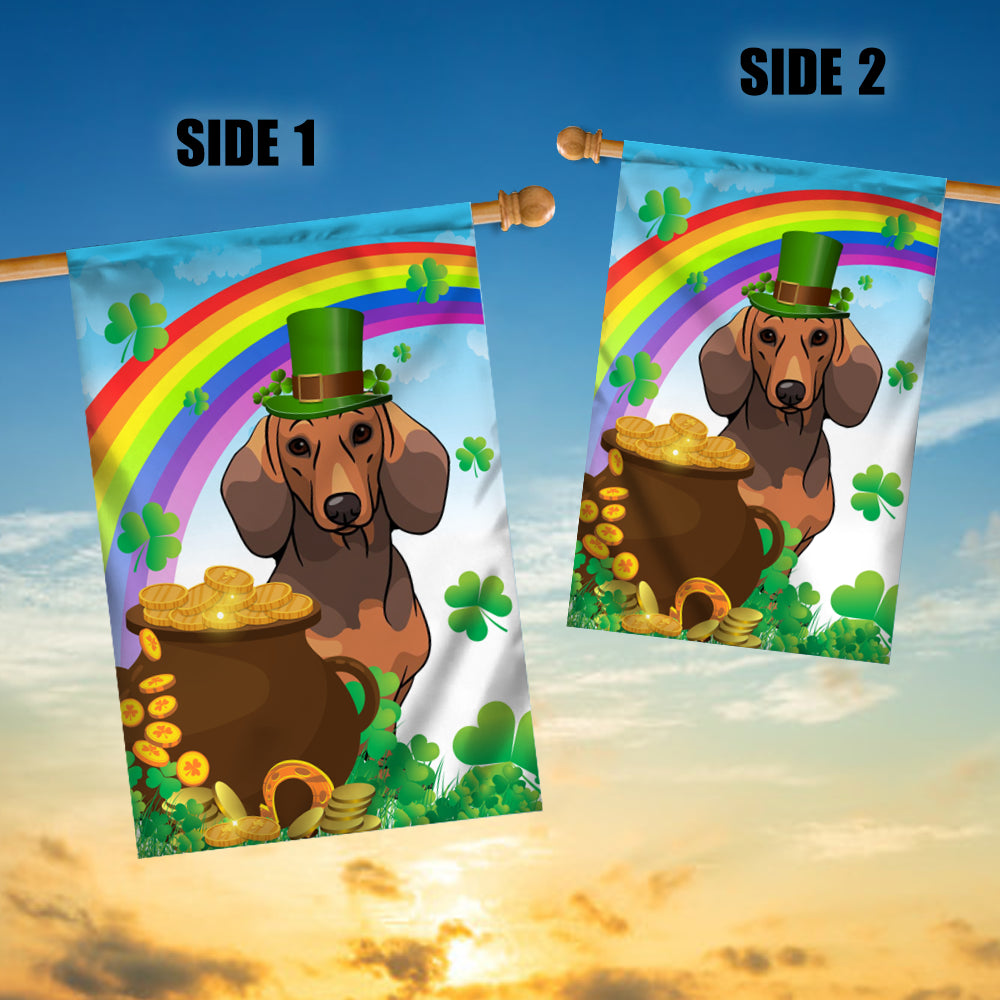 Dachshund St Patrick's Day Dog Flag Funny Peeking Dog Wear Green Hat Golden Pot Coin Shamrock Rainbow Spring Banner for Home Decor | siriusteestore