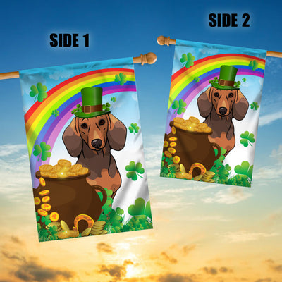 Dachshund St Patrick's Day Dog Flag Funny Peeking Dog Wear Green Hat Golden Pot Coin Shamrock Rainbow Spring Banner for Home Decor | siriusteestore