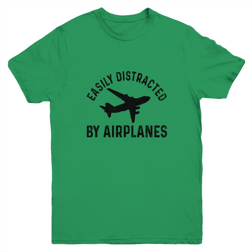 Easily Distracted By Airplanes Funny Pilot Flying Youth Shirt | Siriustee.com
