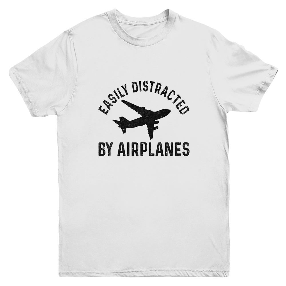 Easily Distracted By Airplanes Funny Pilot Flying Youth Shirt | Siriustee.com