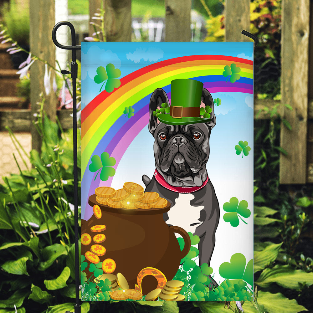 French Bulldog St Patrick's Day Dog Flag Funny Peeking Dog Wear Green Hat Golden Pot Coin Shamrock Rainbow Spring Banner for Home Decor | siriusteestore