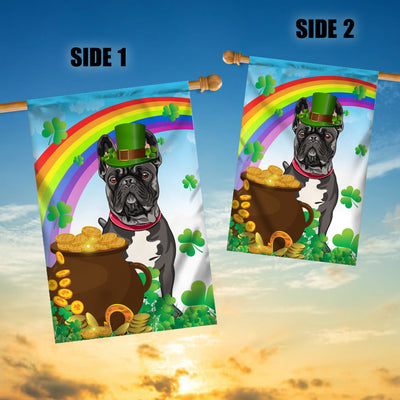French Bulldog St Patrick's Day Dog Flag Funny Peeking Dog Wear Green Hat Golden Pot Coin Shamrock Rainbow Spring Banner for Home Decor | siriusteestore