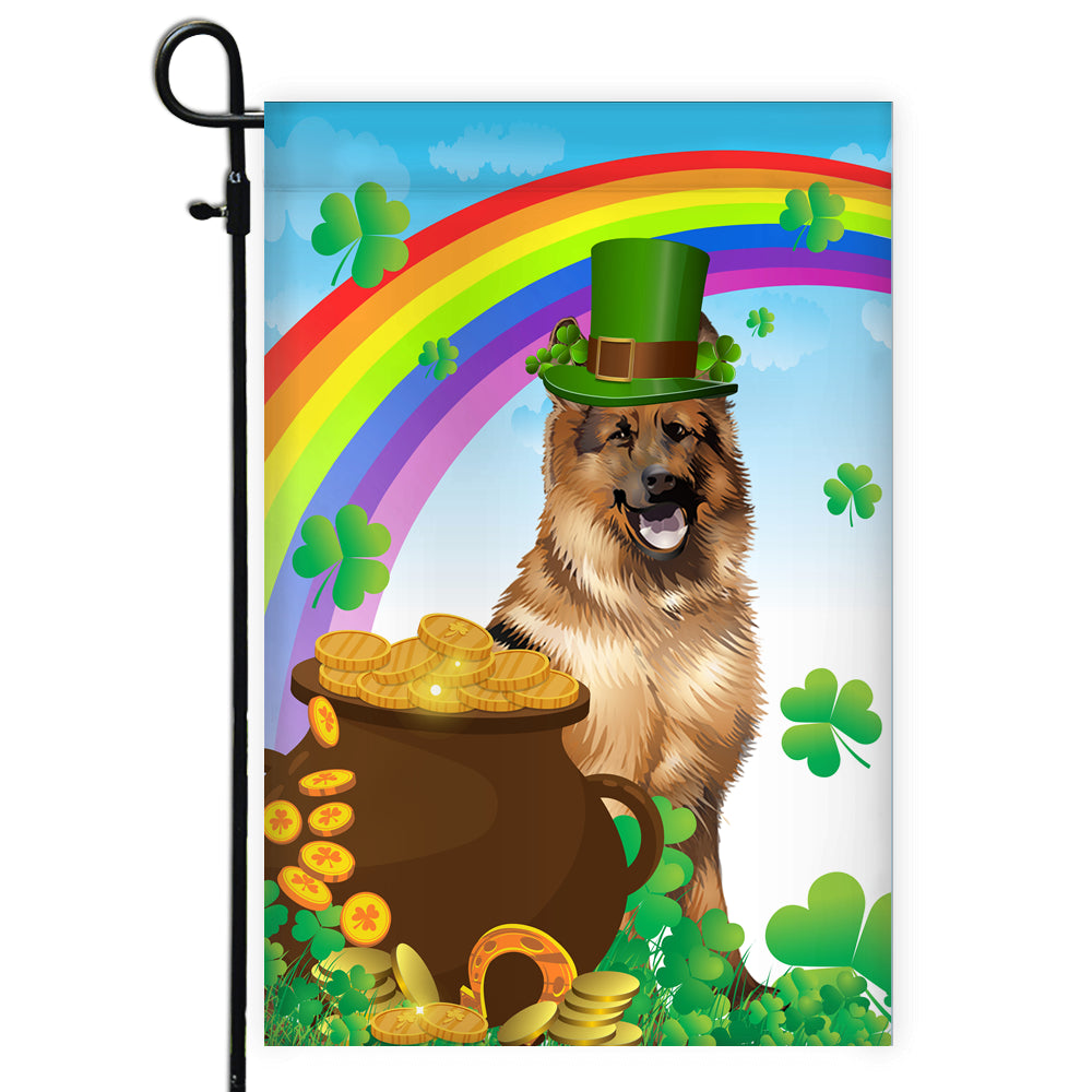German Shepherd St Patrick's Day Dog Flag Funny Peeking Dog Wear Green Hat Golden Pot Coin Shamrock Rainbow Spring Banner for Home Decor | siriusteestore
