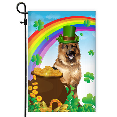 German Shepherd St Patrick's Day Dog Flag Funny Peeking Dog Wear Green Hat Golden Pot Coin Shamrock Rainbow Spring Banner for Home Decor | siriusteestore
