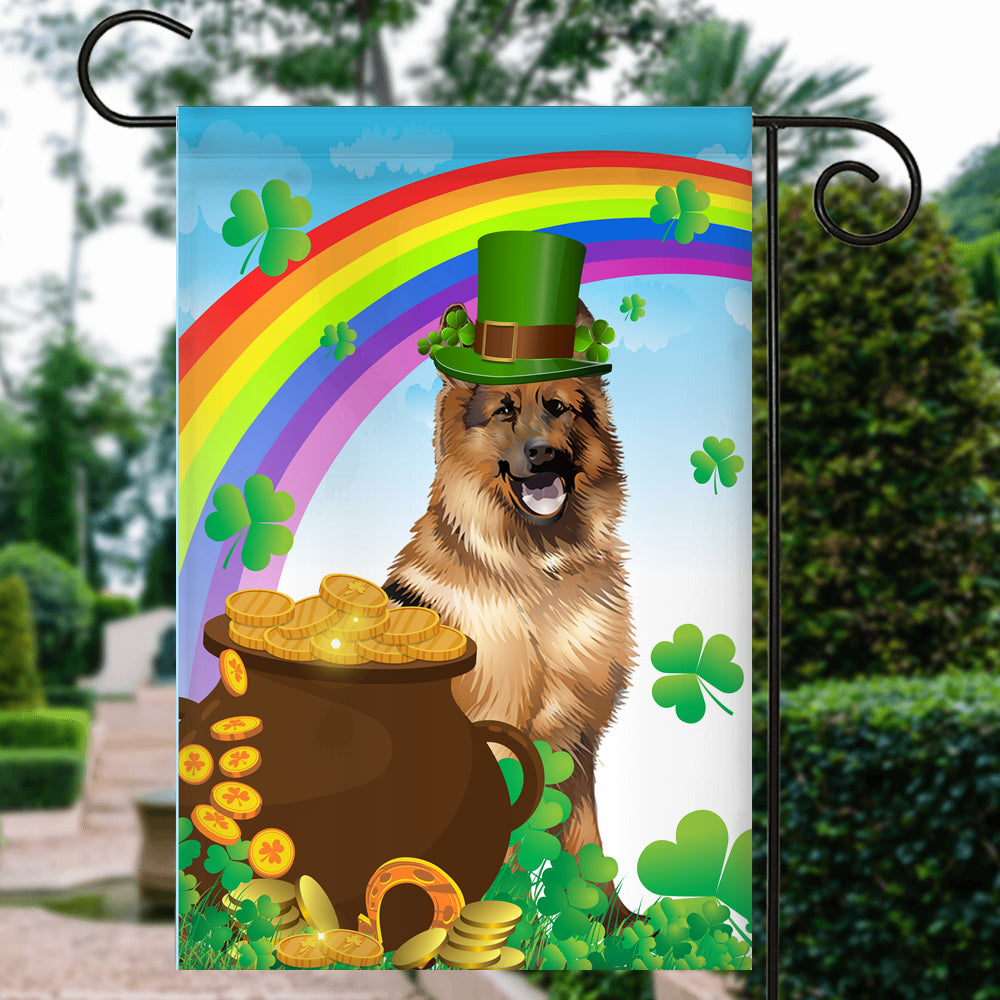 German Shepherd St Patrick's Day Dog Flag Funny Peeking Dog Wear Green Hat Golden Pot Coin Shamrock Rainbow Spring Banner for Home Decor | siriusteestore