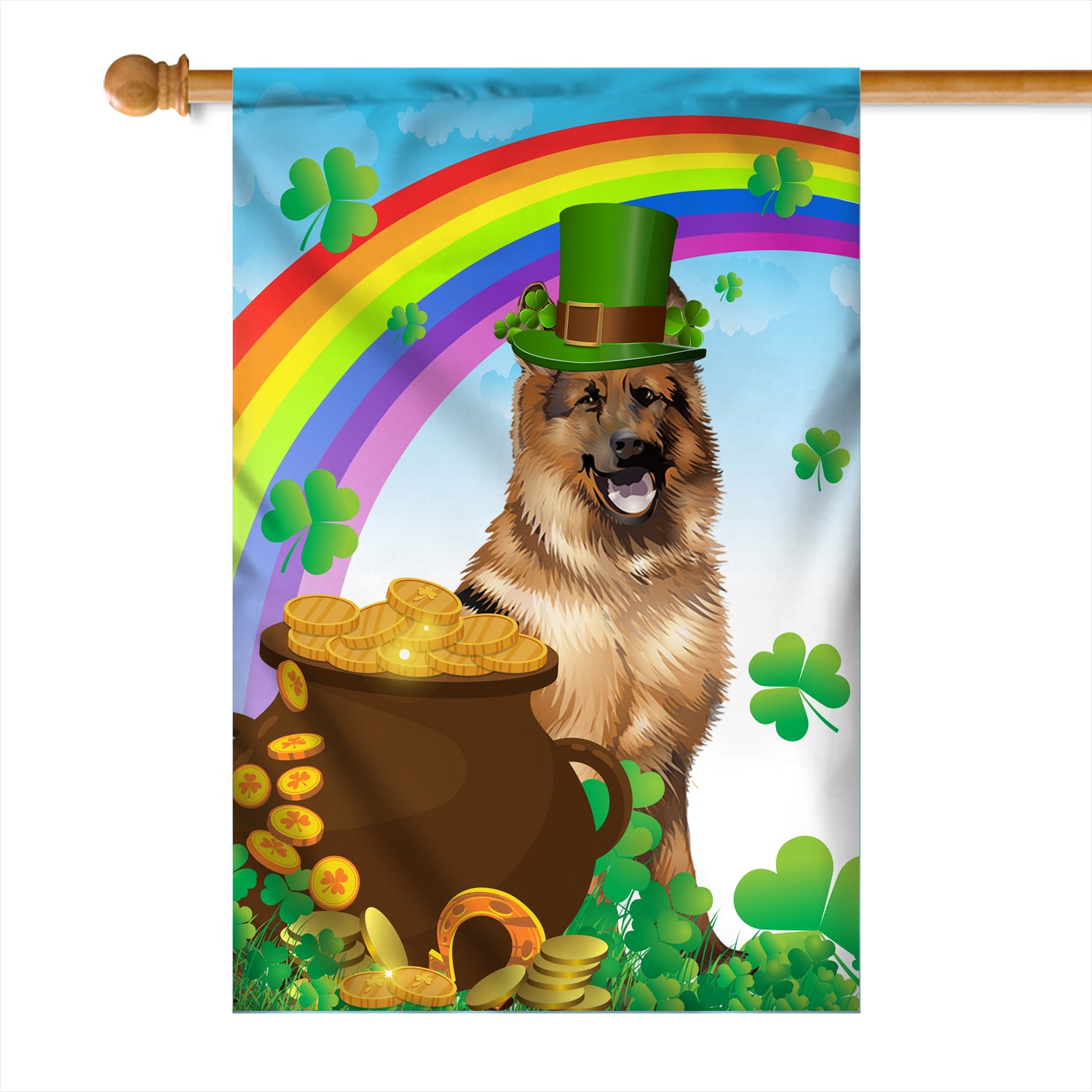 German Shepherd St Patrick's Day Dog Flag Funny Peeking Dog Wear Green Hat Golden Pot Coin Shamrock Rainbow Spring Banner for Home Decor | siriusteestore
