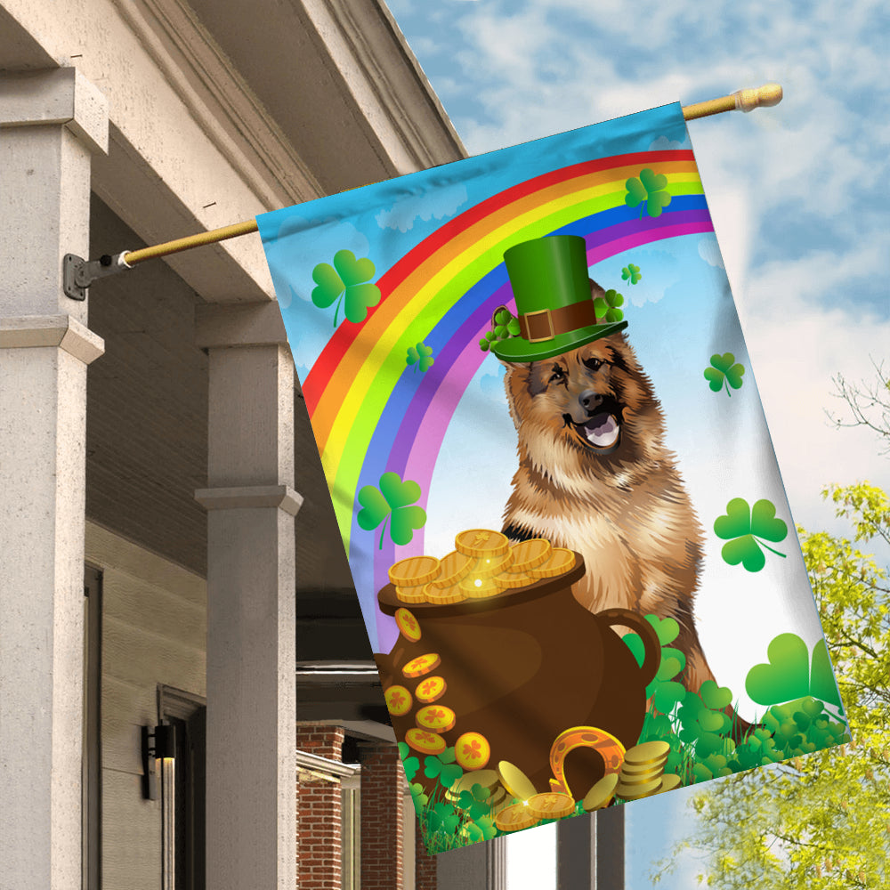 German Shepherd St Patrick's Day Dog Flag Funny Peeking Dog Wear Green Hat Golden Pot Coin Shamrock Rainbow Spring Banner for Home Decor | siriusteestore