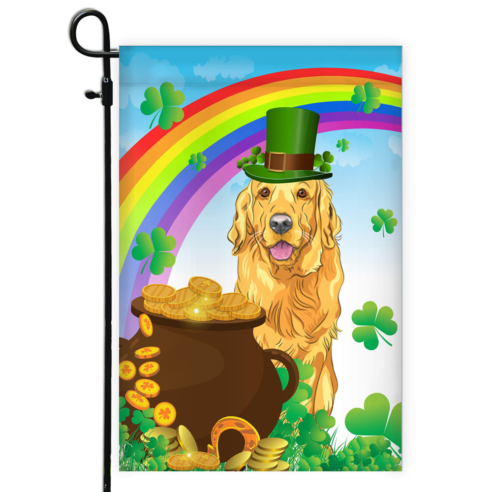 Golden Retriever St Patrick's Day Dog Flag Funny Peeking Dog Wear Green Hat Golden Pot Coin Shamrock Rainbow Spring Banner for Home Decor | siriusteestore