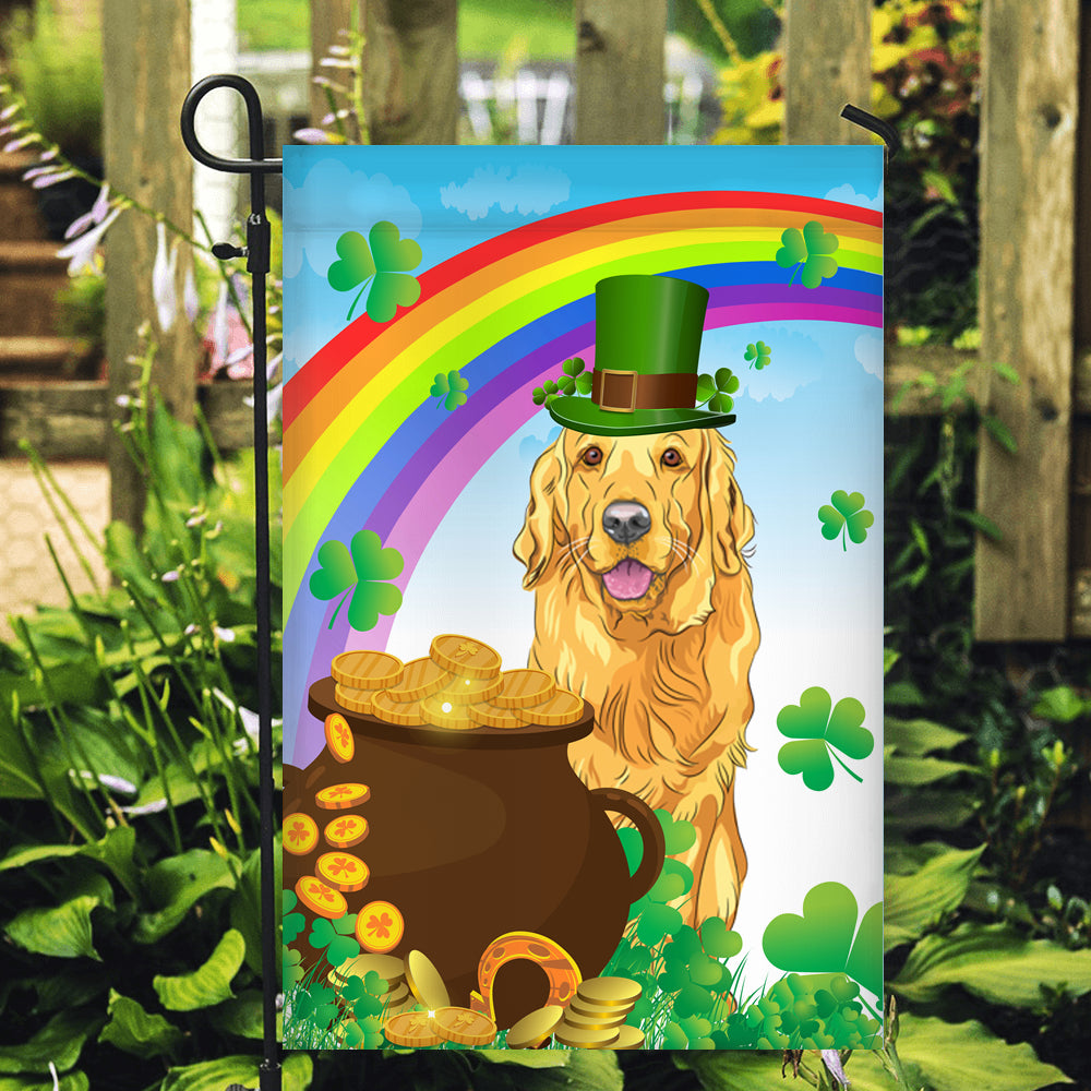 Golden Retriever St Patrick's Day Dog Flag Funny Peeking Dog Wear Green Hat Golden Pot Coin Shamrock Rainbow Spring Banner for Home Decor | siriusteestore