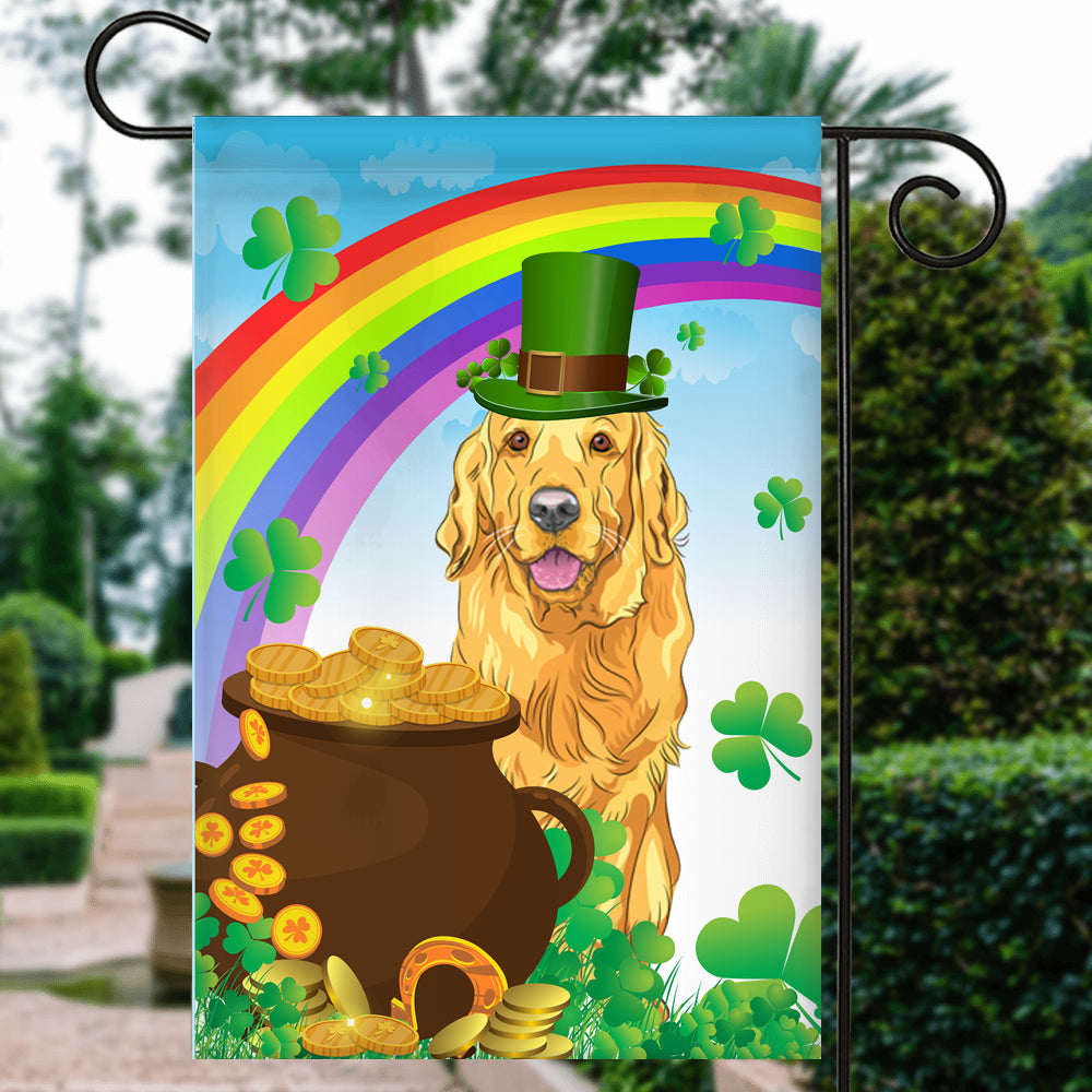 Golden Retriever St Patrick's Day Dog Flag Funny Peeking Dog Wear Green Hat Golden Pot Coin Shamrock Rainbow Spring Banner for Home Decor | siriusteestore