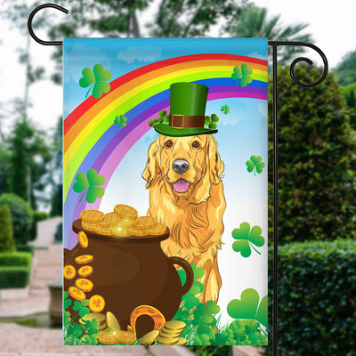 Golden Retriever St Patrick's Day Dog Flag Funny Peeking Dog Wear Green Hat Golden Pot Coin Shamrock Rainbow Spring Banner for Home Decor | siriusteestore