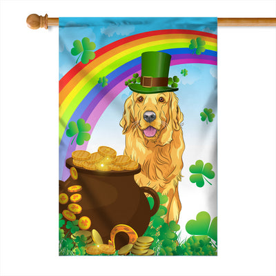 Golden Retriever St Patrick's Day Dog Flag Funny Peeking Dog Wear Green Hat Golden Pot Coin Shamrock Rainbow Spring Banner for Home Decor | siriusteestore