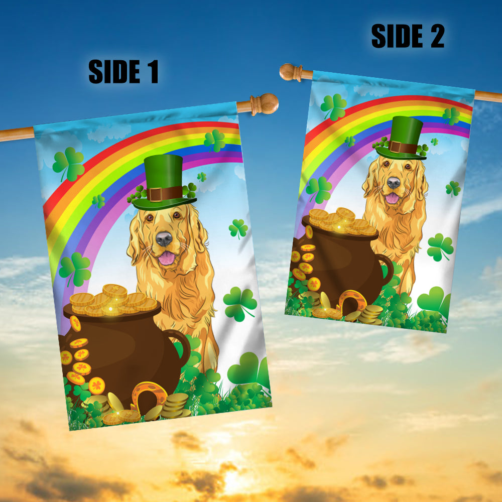 Golden Retriever St Patrick's Day Dog Flag Funny Peeking Dog Wear Green Hat Golden Pot Coin Shamrock Rainbow Spring Banner for Home Decor | siriusteestore