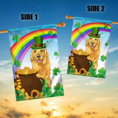 Golden Retriever St Patrick's Day Dog Flag Funny Peeking Dog Wear Green Hat Golden Pot Coin Shamrock Rainbow Spring Banner for Home Decor | siriusteestore