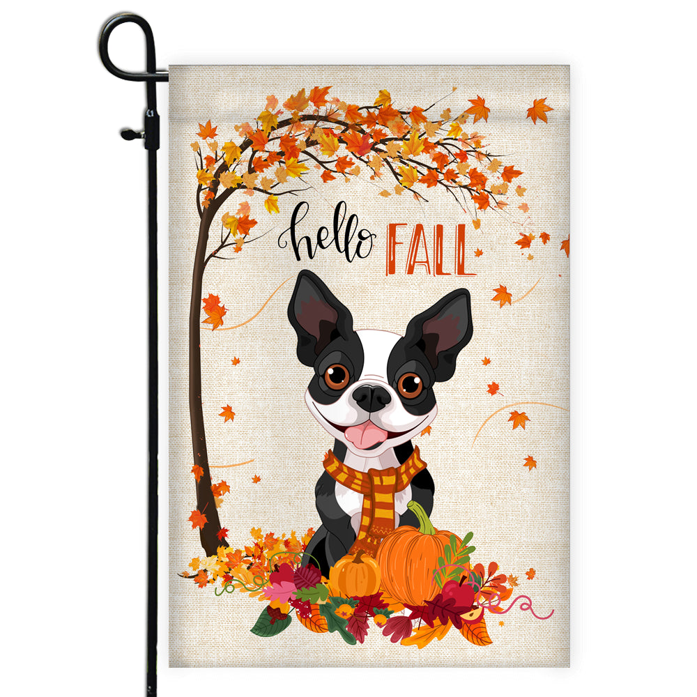 Hello Fall Boston Terrier Dog Flag Maple Leaves Orange Pumpkin Autumn | siriusteestore