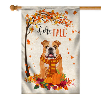 Hello Fall Bulldog Dog Flag Maple Leaves Orange Pumpkin Autumn | siriusteestore